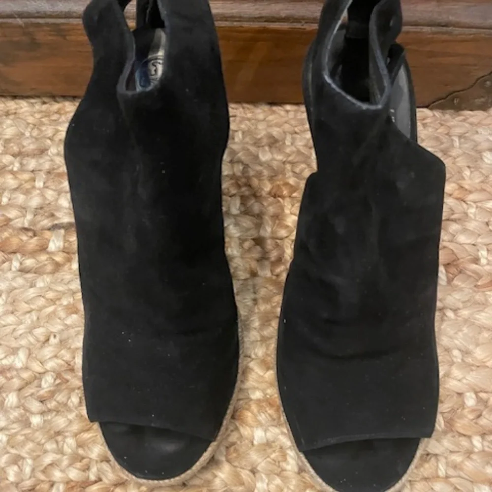 Black Suede Wedge Sandal with Wood-Effect Heel